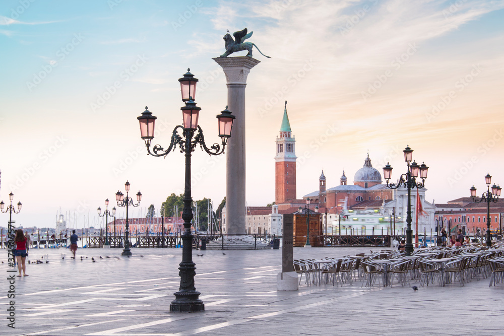Beautiful view of the Doge's Palace and St. Mark's column on Piazza San Marco in Venice, Italy