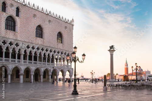 Beautiful view of the Doge's Palace and St. Mark's column on Piazza San Marco in Venice, Italy © marinadatsenko