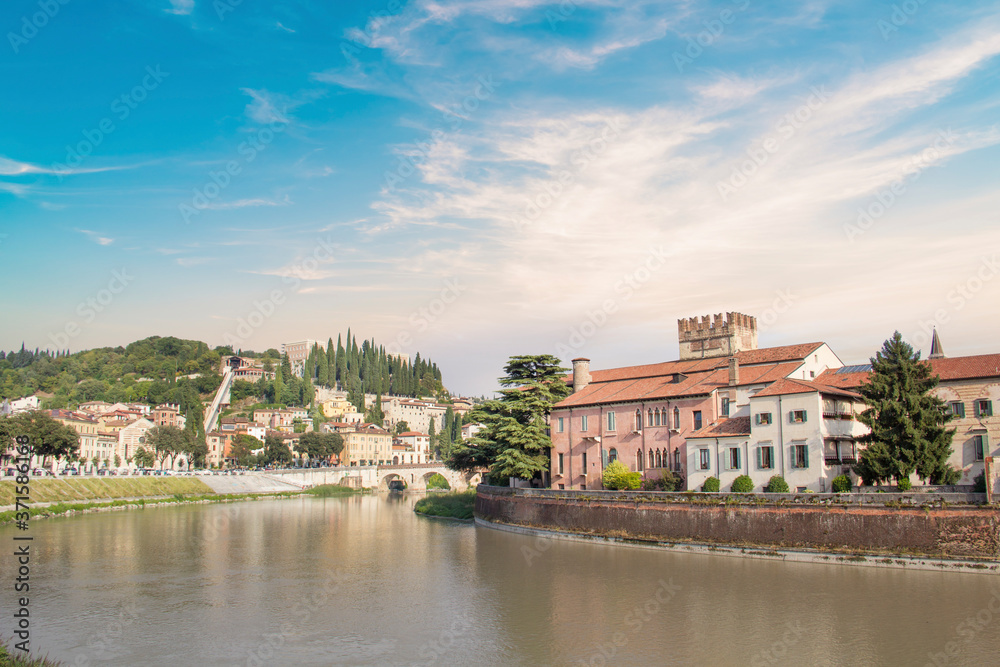 Beautiful view of the embankment of the Adige river in Verona, Italy