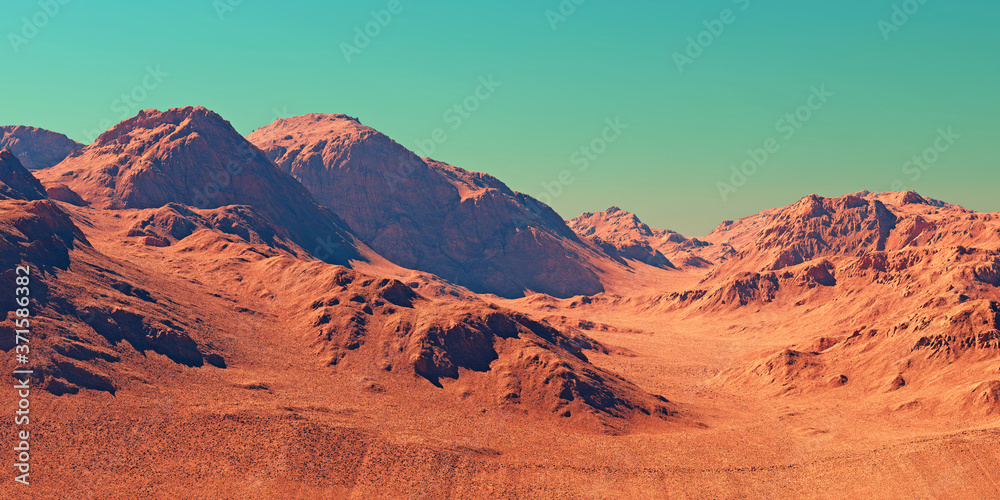 Fototapeta premium Mars landscape, 3d render of imaginary mars planet terrain, science fiction illustration.