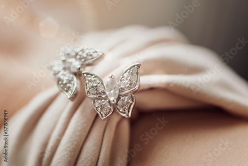 jewelry in the form of two fluttering butterflies made of white precious stones