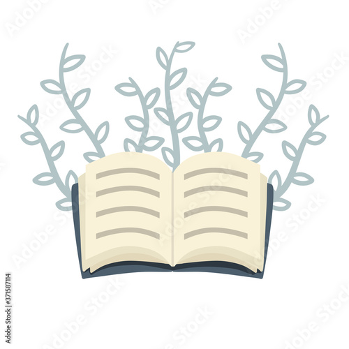 Open book. Blue cover. Leaves of plant. Hobby icon. Cartoon flat illustration isolated on white. Reading and education. Icon for storytelling and education