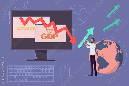 businessman trying to change world GDP from decline to uptrend in laptop, flat vector design 