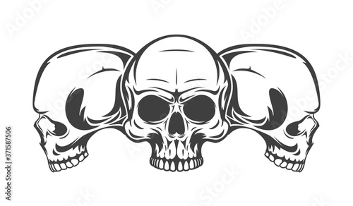 Vintage monochrome three human skull isolated on white background. Hand drawn design element template for emblem, print, cover, poster. Vector illustration.