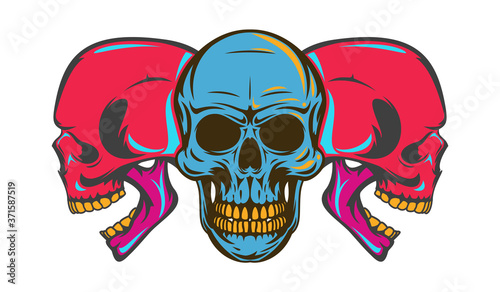 Vintage colorful three human skull isolated on white background. Bright hand drawn design element template for emblem, print, cover, poster. Vivid vector illustration.