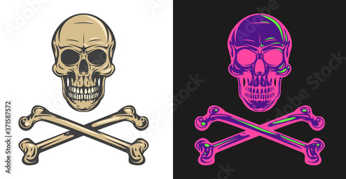 Vintage colorful human skull with crossbones isolated on clean background. Bright hand drawn design element template for emblem, print, cover, poster. Vivid vector illustration.