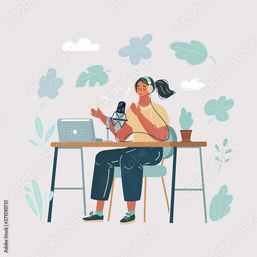 Cartoon illustration of female Presenter in radio station make live in Studio. Podcaster and broadcaster conept. Woman make blog.