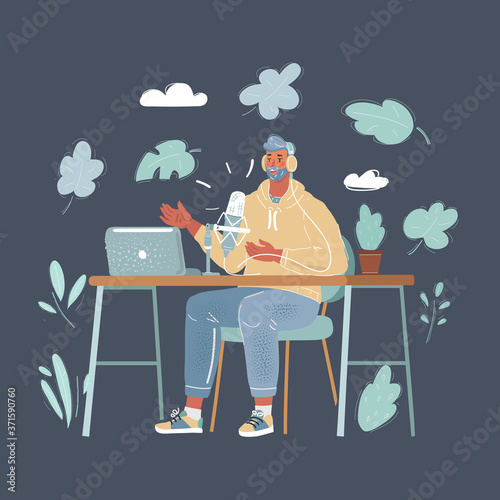 Cartoon illustration of male Presenter in radio station make live in Studio. Podcaster and broadcaster conept. Man make blog.