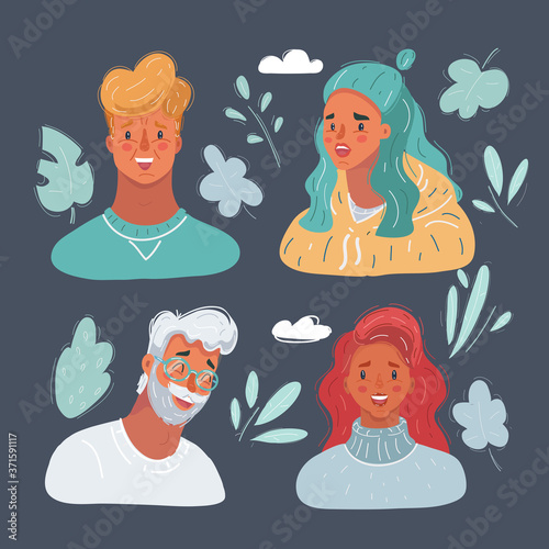Vector illustration of Man and woman avatar. Male and Female face icon on dark.