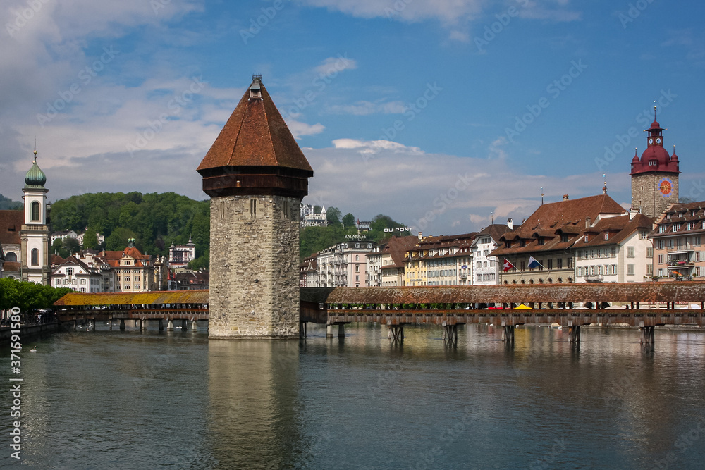 View to iconic The Chapel Bridge in Lucern, Switzerland