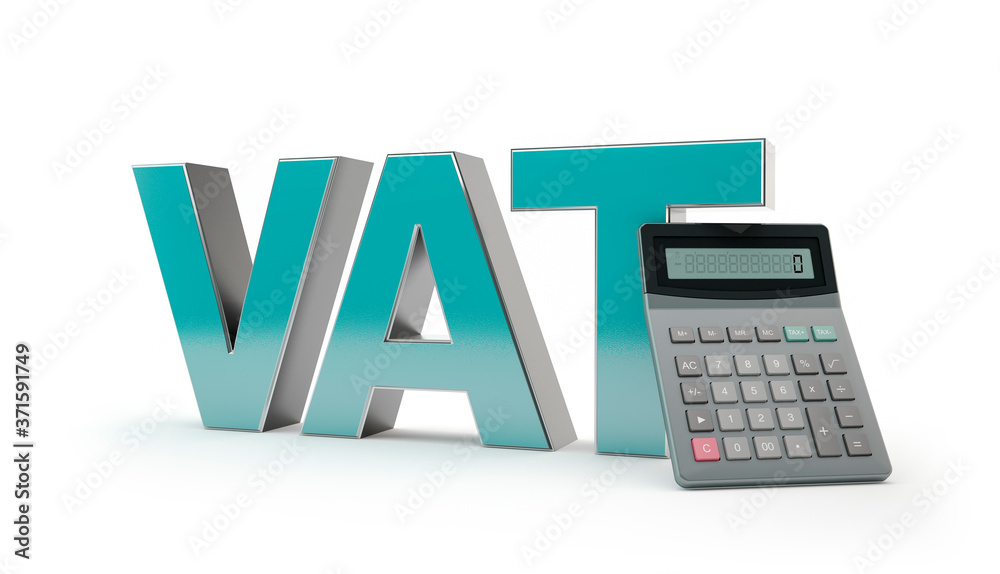 VAT tax and caluclator isolated on white, 3d illustration - obrazy, fototapety, plakaty 