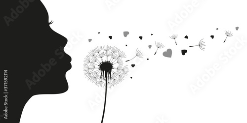 Canvas-taulu girl blows dandelion with heart silhouette vector illustration EPS10