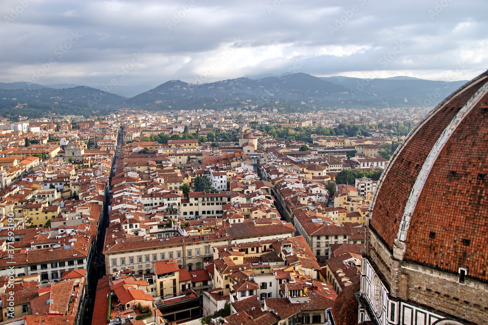 Top view of Santa Maria del Fiore duomo church and Florence old city skyline in Italy