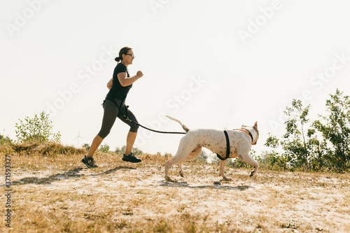 a girl runs with a dog. canicross on the edge of a lake photo