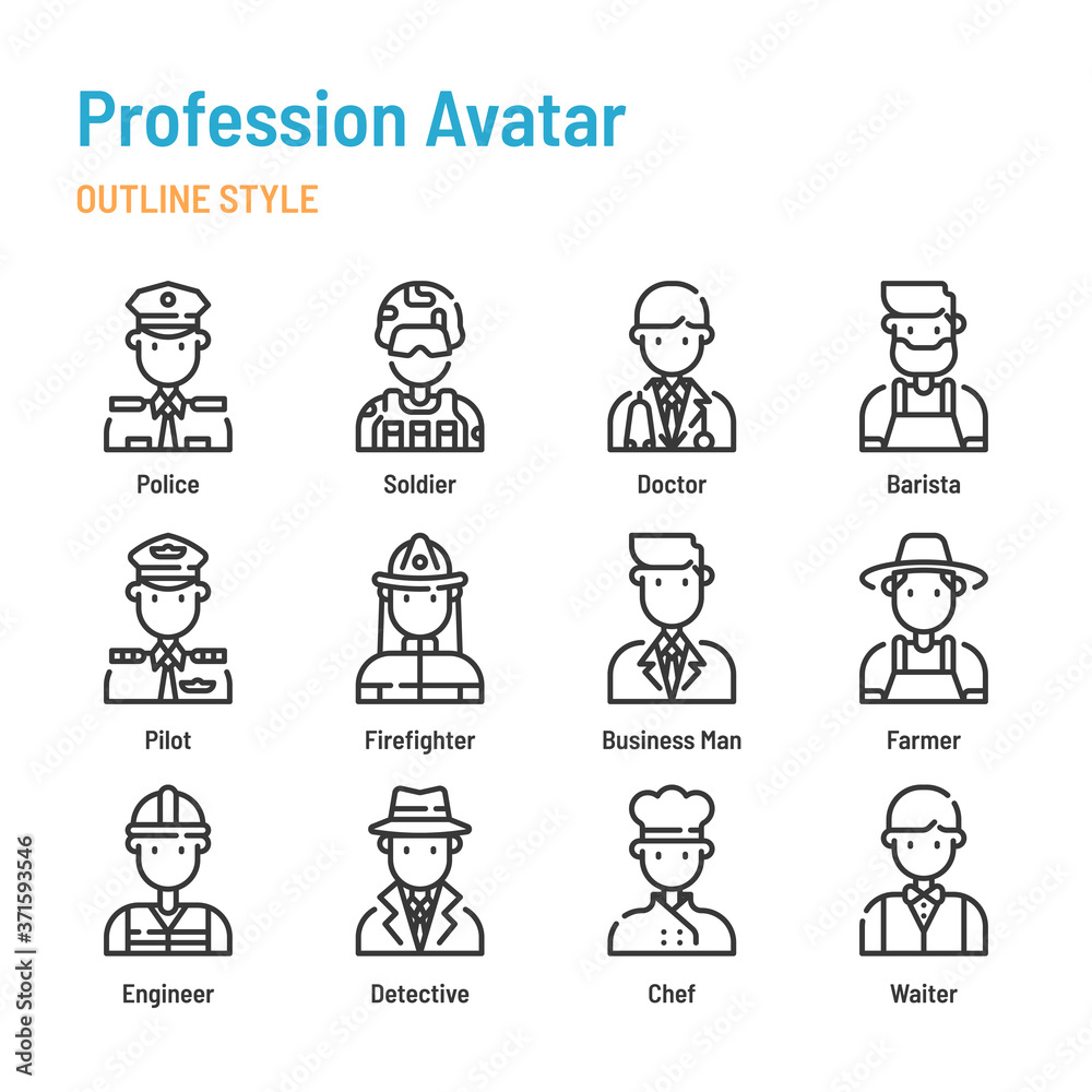 Profession avatar in outline icon and symbol set Profession avatar in outline icon and symbol set