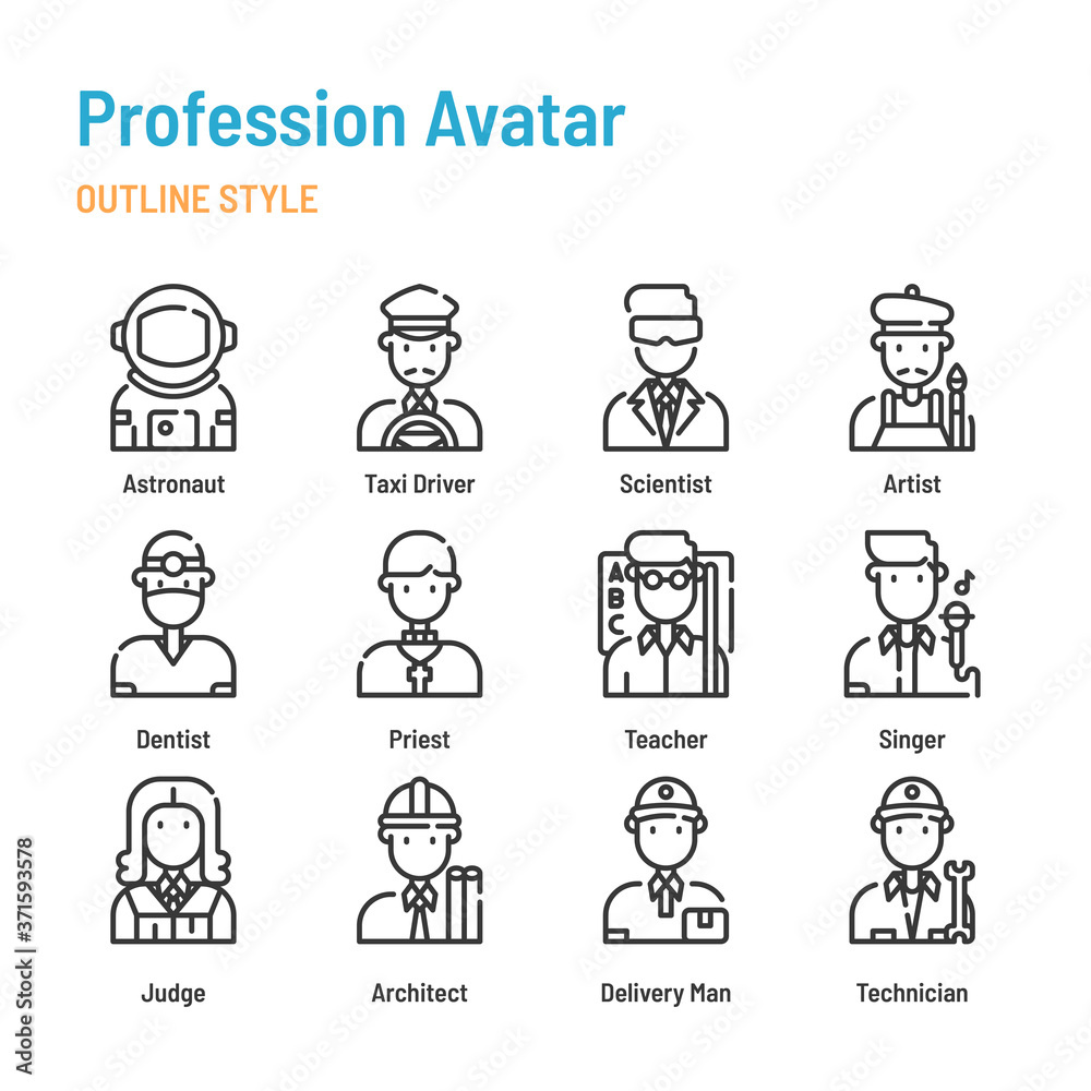 Profession avatar in outline icon and symbol set Profession avatar in outline icon and symbol set