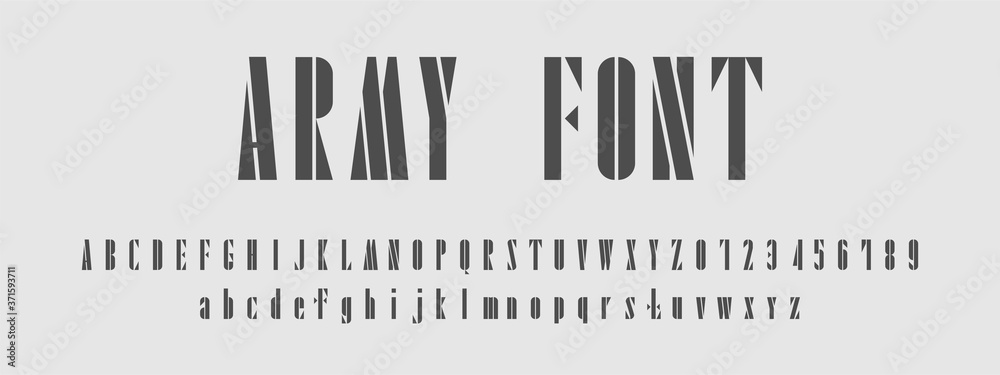 Army font and numbers design.Typography fonts regular uppercase, lowercase. Vector illustration