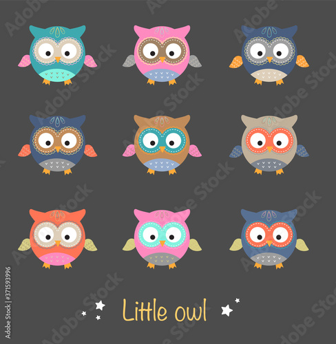 Wallpaper Mural Set of nice decorative colorful little owls illustrations on dark gray background. - Vector Torontodigital.ca
