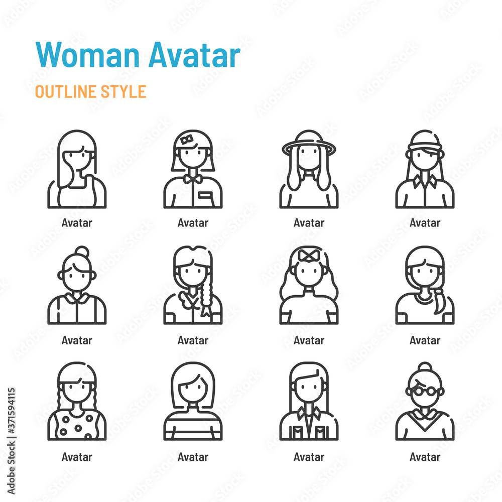 Woman avatar in outline icon and symbol set Woman avatar in outline icon and symbol set