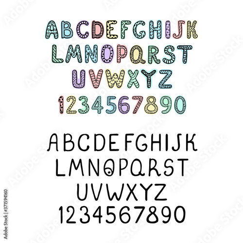 Vector cute colorful alphabet for kids. Can be used as elemets for your design for greeting cards, nursery, poster, card, birthday party, packaging paper design, baby t-shirts prints