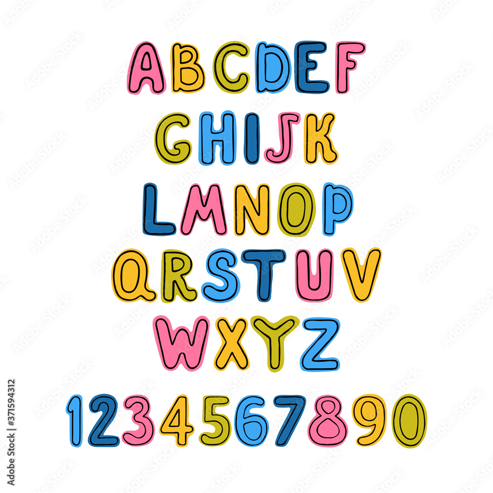 Vector cute colorful alphabet for kids. Can be used as elemets for your design for greeting cards, nursery, poster, card, birthday party, packaging paper design, baby t-shirts prints