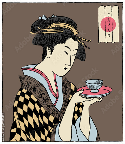 Woman in a Kimono holding a teacup. Japanese traditional style. (Vector illustration)