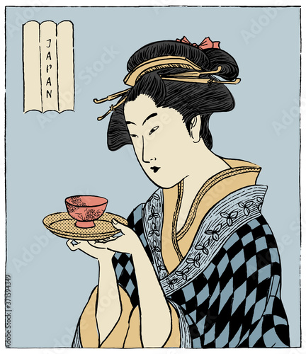 Woman in a Kimono holding a teacup. Japanese traditional style. (Vector illustration)