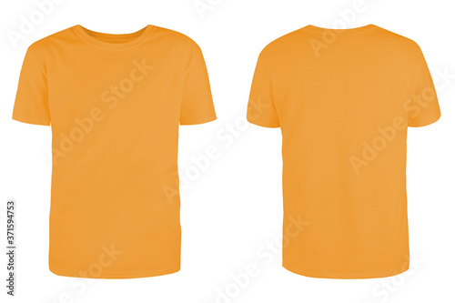 Men's orange blank T-shirt template,from two sides, natural shape on invisible mannequin, for your design mockup for print, isolated on white background..