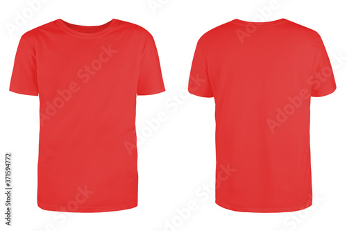 Men's red blank T-shirt template,from two sides, natural shape on invisible mannequin, for your design mockup for print, isolated on white background..