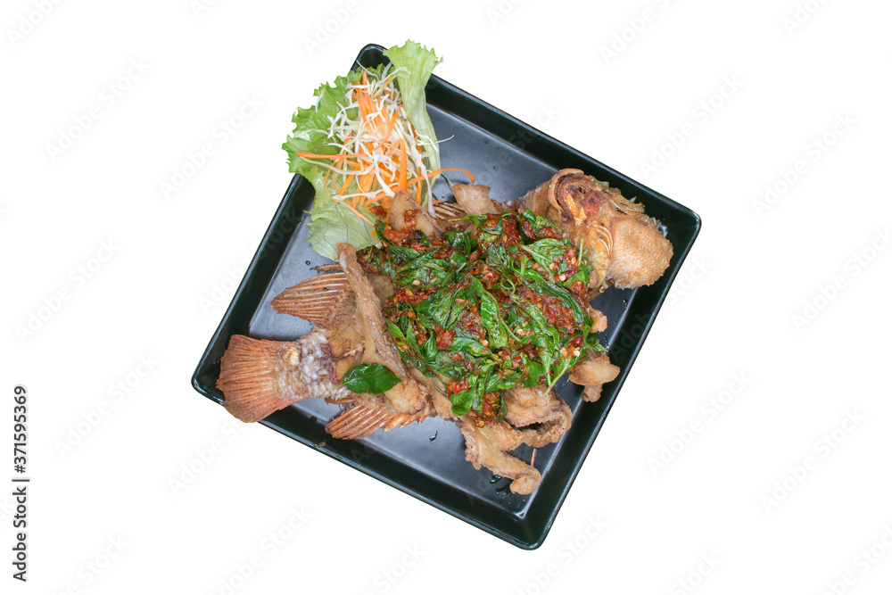 Deep Fried Tilapia with Sweet Chili Sauce against the white background