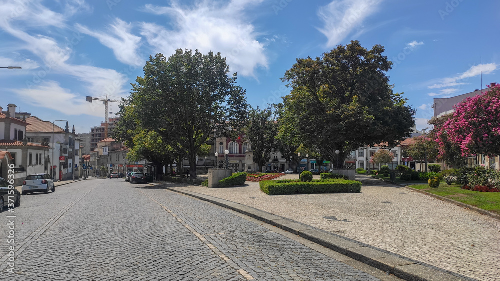 Santo Tirso / Portugal - August 9, 2020: The Sao Bento Square at the city centre of Santo Tirso.