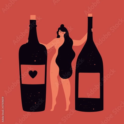 Vector illustration with long hair woman and black bottles of red wine.