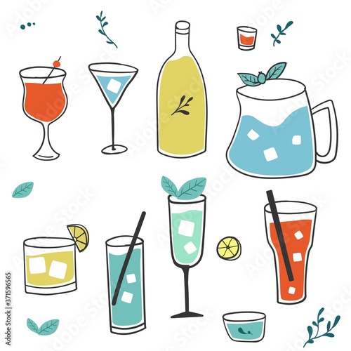 Fresh cocktails pattern. Background with alcohol drinks. Summer holiday and beach party concept. Hand drawn cute vector illustration