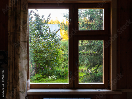 view of overgrown backyard through window in summerhouse at summer sunset