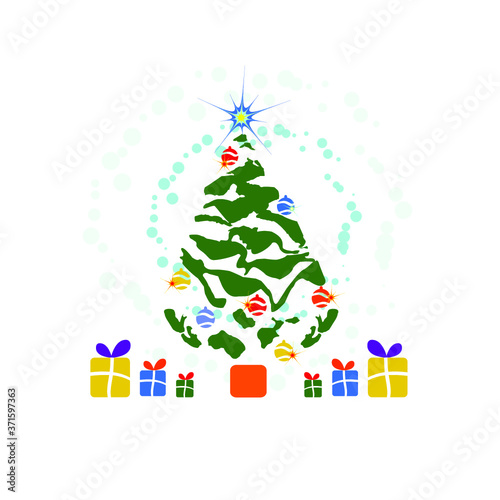vector illustration with Christmas tree, snowflakes and gifts for your design