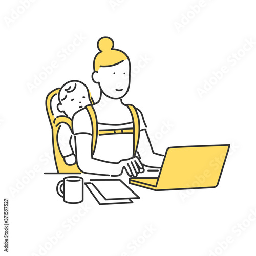 育児をしながら自宅で仕事をする女性のイラスト素材