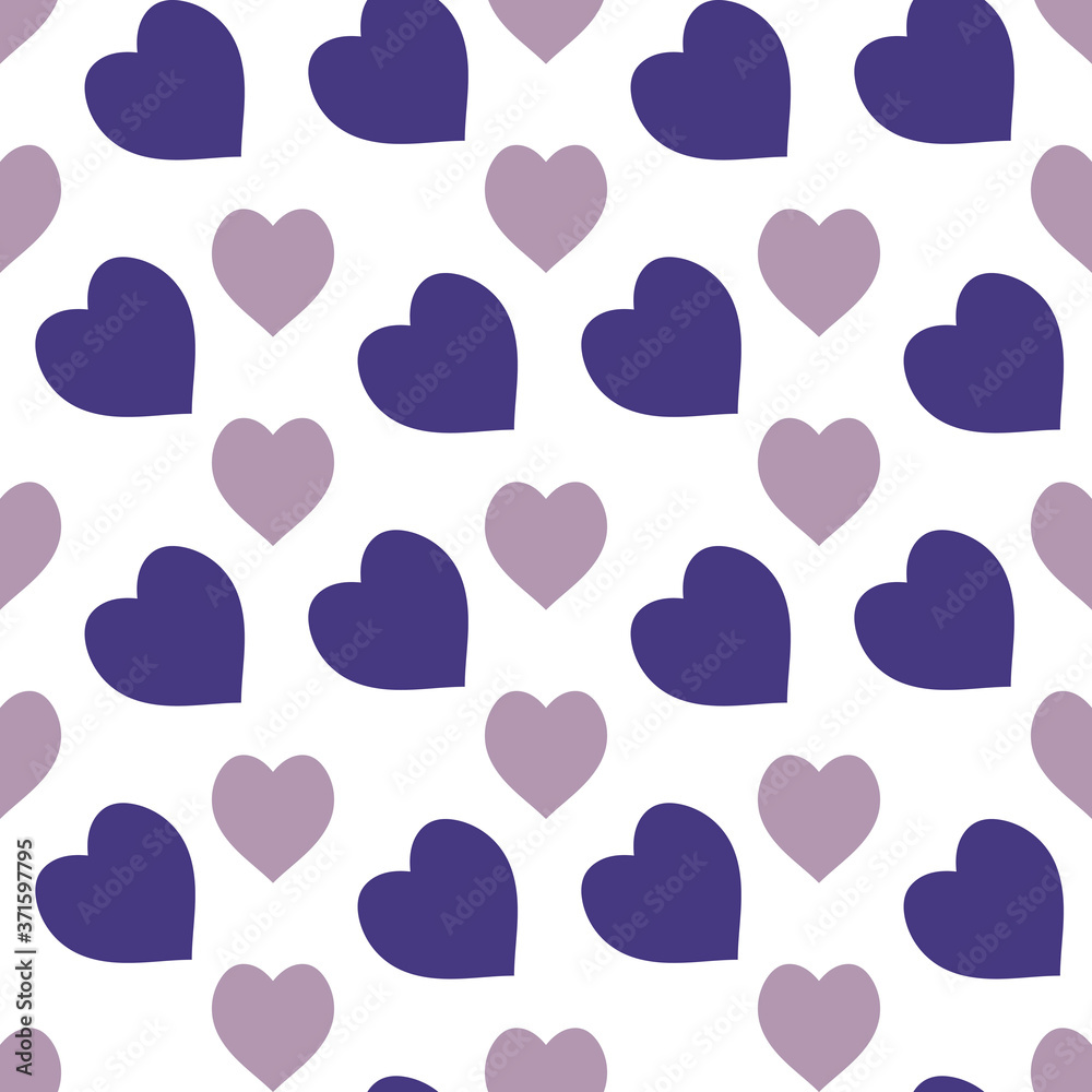 Seamless pattern with discreet purple and dark violet hearts on white background. Vector image.