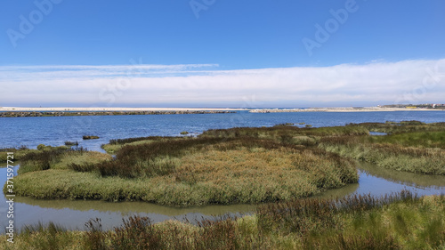 The mouth of the Cavado River (Northern Litoral Natural Park) in Esposende, Portugal. The large estuary of the Cávado river.