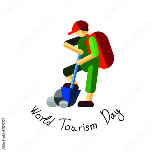 Vector illustration in a flat style with a person in a backpack, cap and shovel and the words the International Day of the tourist