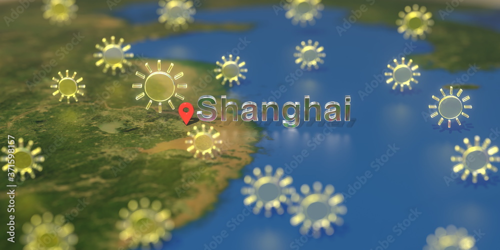 Sunny weather icons near Shanghai city on the map, weather forecast related 3D rendering