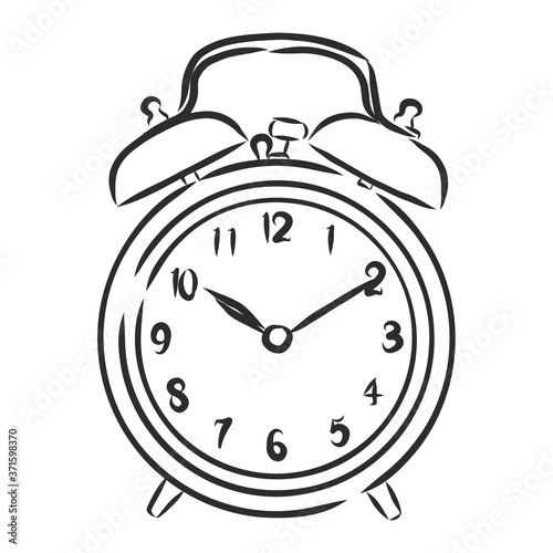 Alarm clock illustration, drawing, engraving, ink, line art