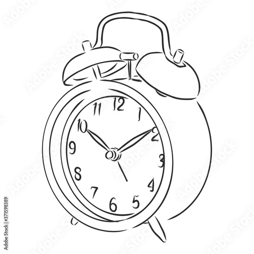 Alarm clock illustration, drawing, engraving, ink, line art