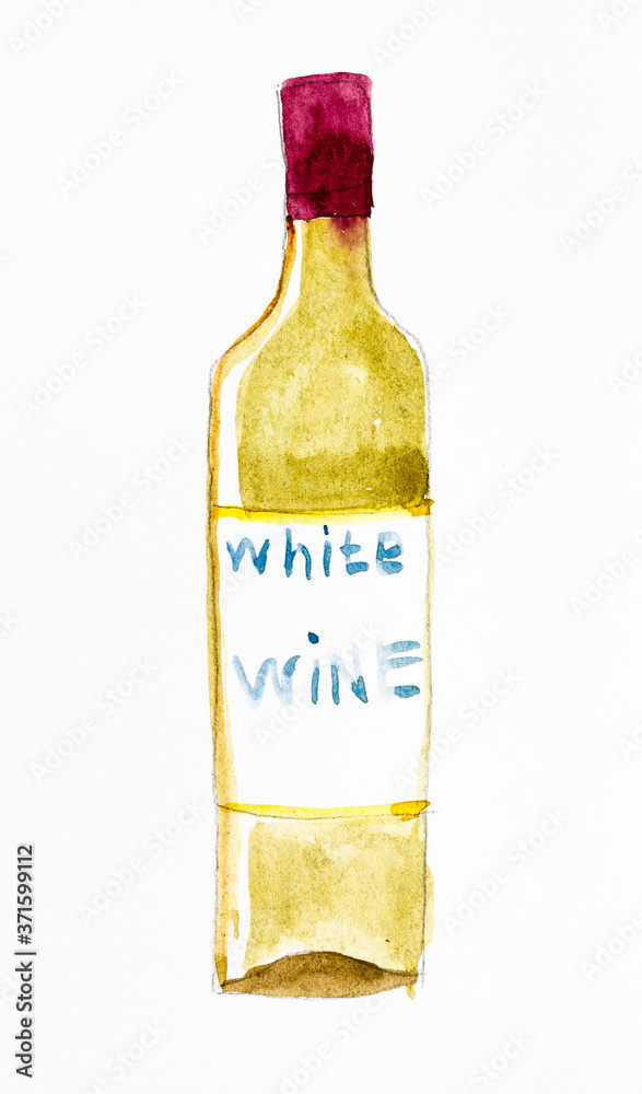 sketch of bottle of white wine handpainted by watercolours on white paper