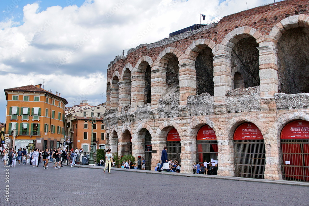 Panoramic view of central square and Arena Verona, Roman amphitheater. Tourists near Verona Arena Roman amphitheater in Verona, Italy