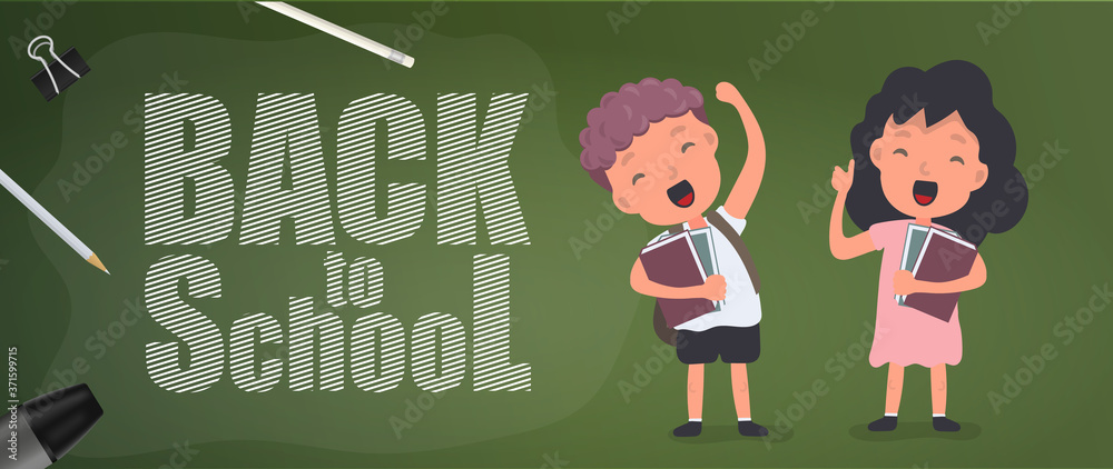 Back to school banner. Children rejoice at the start of the school year. Satisfied schoolchildren. Vector. Back to school banner. Children rejoice at the start of the school year. Satisfied schoolchildren. Vector.