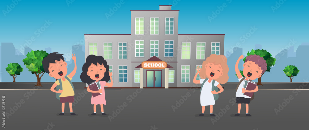 Back to school banner. Children rejoice at the start of the school year. Satisfied schoolchildren. Vector.