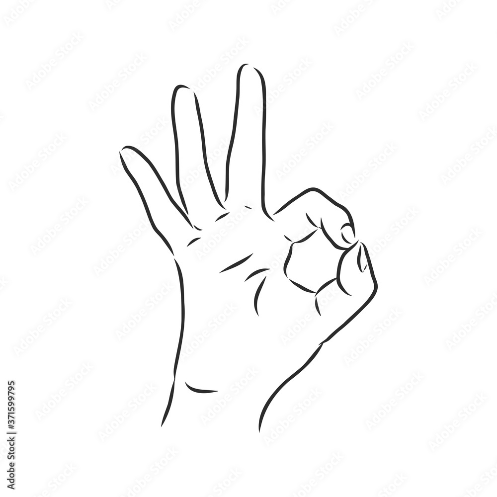 Hand OK Sign Isolated on White Background. Sketch style. Vector illustration