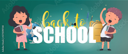 Back to school banner. Children rejoice at the start of the school year. Satisfied schoolchildren. Vector.