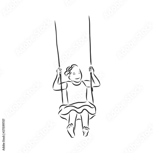 kid on a swing vector sketch illustration. swing sign