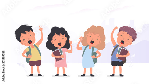 Back to school banner. Children rejoice at the start of the school year. Satisfied schoolchildren. Vector.